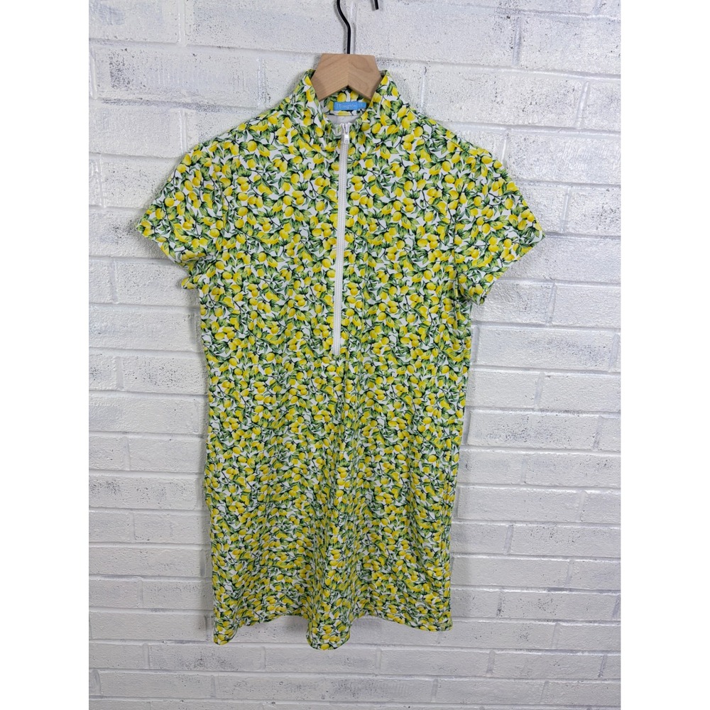 J.McLaughlin Dress Womens M Yellow Lemon Print Short Sleeve Zip Mock Neck